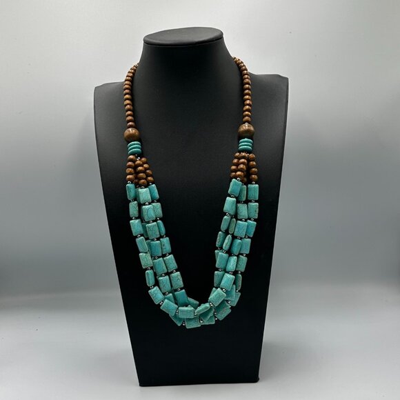 Fashion Jewelry Jewelry - Faux Turquoise Beaded Necklace Wood Beads Multi Strand Statement Boho Western
